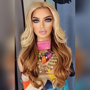blonde brown highlighted twon tone dipped h.d wavy lace front wig